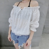 2016夏装韩版拉肩一字领刺绣花朵白色棉布衬衫女上衣