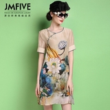 JMFIVE2016新款夏季女装圆领盘扣复古优雅印花改良旗袍真丝连衣裙