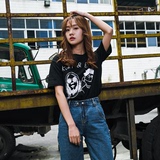韩版原宿风学生卡通人物字母印花短袖T恤女宽松打底衫上衣潮T935