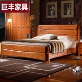 中式实木床橡木婚床 高箱床1.5米储物床 单人床1.2米成人 柚木色