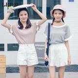 LRUD2016夏季新款韩版条纹荷叶袖短袖针织衫女圆领宽松休闲T恤