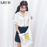 LRUD2016夏季新款韩版V领撞色睡衣风衬衫女雪纺宽松显瘦短袖衬衣