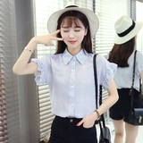 2016夏季韩版小清新海军风条纹衬衫荷叶边短袖时尚修身显瘦衬衣女