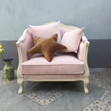 现货法式美式乡村粉色实木单人沙发椅欧式橡木仿古布艺公主休闲椅