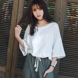 2016春夏新款上衣韩版宽松白色体恤蝙蝠袖中袖7七分袖女T恤衫潮