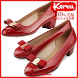 韩国正品代购菲拉格慕VARA 3CM红色漆皮金扣蝴蝶结粗跟女鞋16款