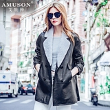 AMUSON2016新款秋季海宁绵羊皮风衣真皮皮衣女修身中长款机车外套