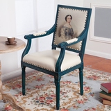 欧式仿古蓝色做旧书房椅餐椅地中海法式简欧美式乡村扶手椅餐椅