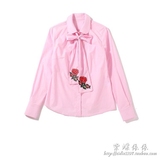 两朵花系列 欧美单 粉色长袖衬衫 蝴蝶结玫瑰花刺绣领结上衣