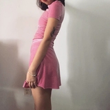 【包邮】独家定制 少女风天鹅绒粉色运动短袖高腰短裙套装