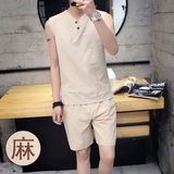 夏季棉麻T恤男士薄款无袖背心修身青少年亚麻运动套装中国风男装