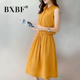 BXBF棉麻连衣裙夏中长款无袖新款韩版宽松显瘦刺绣镂空黄色裙子
