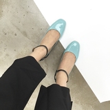 女士单鞋2016新款 韩版时尚性感漆皮浅口方跟中跟一字搭扣女鞋子