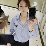 韩国代购2016春季新款蓝色条纹衬衫长袖女大码中长款纯棉女士衬衣