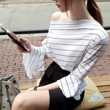 韩国代购韩版可爱喇叭袖七分袖一字领宽松条纹T恤衫打底衫上衣女
