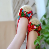 老北京布鞋女鞋民族风坡跟女款单鞋甜美蝴蝶结青花瓷舞蹈小布鞋夏
