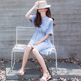 棉麻连衣裙夏季新款2016韩版短袖修身收腰显瘦中长款衬衫裙学生女