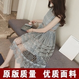 2016夏季新款女装韩版圆领修身蕾丝无袖连衣裙中长款高腰镂空裙子