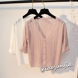 夏季薄款针织开衫女韩版镂空七分袖短款纯色百搭防晒衣空调衫外套