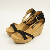 夏新款日系真皮简单性感舒适坡跟防水台凉鞋日本露趾包跟木纹女鞋