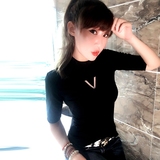 2016新款上衣夏韩版短版短袖纯色中袖紧身t恤女半高领显瘦打底衫