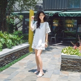 2016夏季韩版夏装宽松 拼接镂空蕾丝短袖 白色直筒连衣裙中长款潮