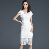 2016夏装新款女装中长款白色刺绣蕾丝镂空性感前开叉修身连衣裙