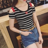 韩国夏季学生紧身黑白条纹短袖t恤女韩版性感百搭修身露肩上衣潮
