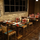 新款 复古咖啡厅桌椅 实木西餐厅餐桌 创意个性拼色酒吧桌椅组合