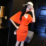 春装新韩版黑橘色修身系带高腰V领蝙蝠袖针织包连衣裙一步裙L178