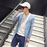 2016韩版男士防晒服薄款外套修身印花连帽中长款夏季防晒衣夹克潮