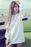 2016夏季新款韩国中长款宽松破洞白色T恤女长袖镂空前短后长上衣