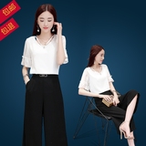 2016女装夏季新韩版白色宽松雪纺衫大码修身七分阔腿裤两件套装
