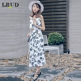LRUD2016夏季新款韩版印花露脐小吊带套装女高腰九分阔腿裤两件套
