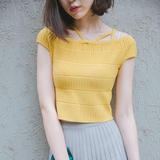 一字领上衣短袖T恤韩国女装性感露肩短款露脐简约螺纹针织衫夏季