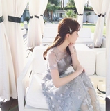 明星同款韩版大牌优雅时尚气质连衣裙短袖灰色欧根纱刺绣仙女裙夏