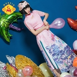 密扇夏装中国风女装复古印花原创设计师修身中长款短袖中式连衣裙