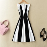 2106夏季新款女装欧美高端大牌撞色拼接黑白条纹时尚甜美连衣裙潮
