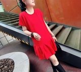 2016夏装新款韩版宽松惊艳大红色荷叶边裙摆冰丝针织短袖连衣裙