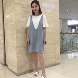 2016夏季新款女韩国宽松显瘦中长款雪纺裙子假两件套学院风连衣裙