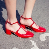 韩版甜美黑色红色小皮鞋粗跟圆头甜美中低跟T字玛丽珍单鞋女士夏