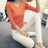 秋装新韩版双V领短款七分袖修身针织衫女套头上衣打底衫薄款毛衣