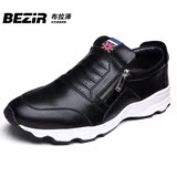 BEZIR厚底运动休闲鞋男纯色酒红猪皮套脚夏季鞋黑色尖头耐磨超纤