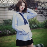 Rainco2016春夏装新款韩国BF学院风格蝴蝶结系带雪纺衬衫女长袖