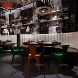 loft实木大圆桌工业风餐馆餐厅圆形餐桌做旧铁艺复古实木圆桌