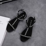 丽斯顿欧美新款黑色罗马凉鞋女夏平跟细带平底搭扣链条简约孕妇鞋