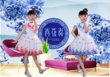 六一新款儿童刺绣青花瓷旗袍女童蓬蓬裙夏装复古装表演服主持礼服