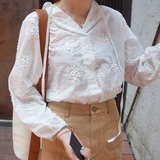 MAKILO 初秋新品推荐 韩国超美立体刺绣小花V领系带9分袖套头衬衫