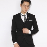 川泽高端定制 净版黑色英伦复古修身西装 三件套 韩版西服男套装