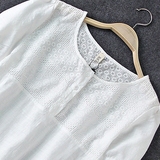 2016夏款亚麻女装白色圆领棉麻衬衫蕾丝拼接短袖T恤大码半袖上衣